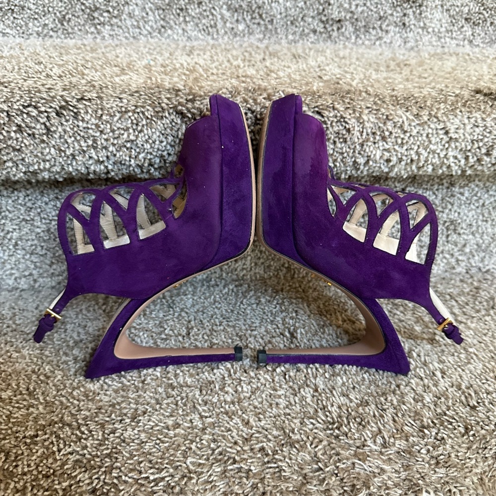 Prada Women’s Purple Suede Lattice Slingback Platform High Heel Sandals - Picture 9 of 12
